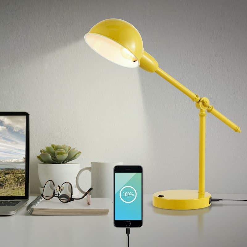 Allegra 20.25" Vintage Industrial Iron Adjustable Dome Shade LED Task Lamp with USB Charging Port, by JONATHAN Y