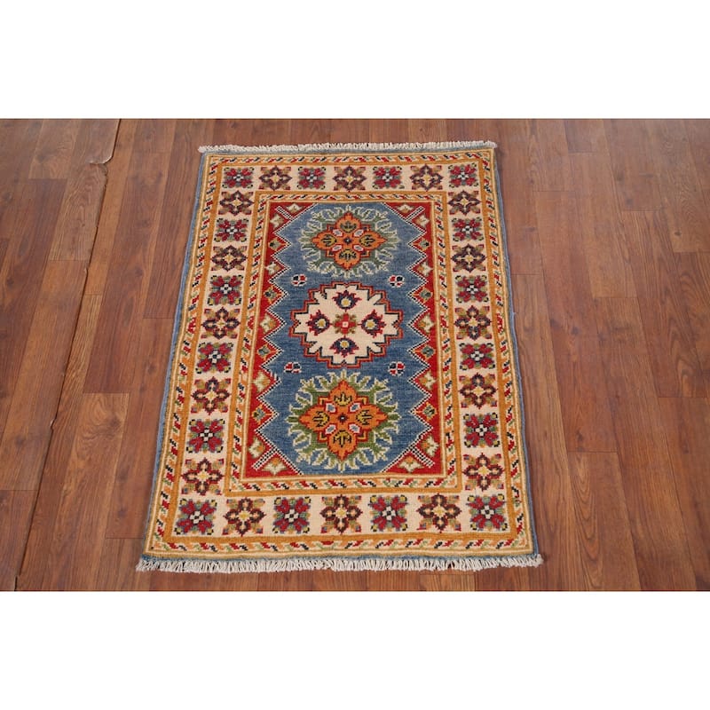 Blue Geometric Kazak Oriental Foyer Rug Hand-Knotted Wool Carpet - 2'0" x 2'9"