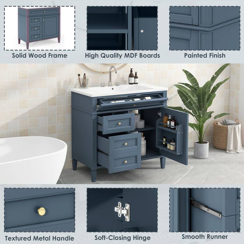 30''/36'' Bathroom Vanity with Top Sink, Modern Bathroom Storage Cabinet with 2 Drawers, a Tip-out Drawer & Adjustable Shelf