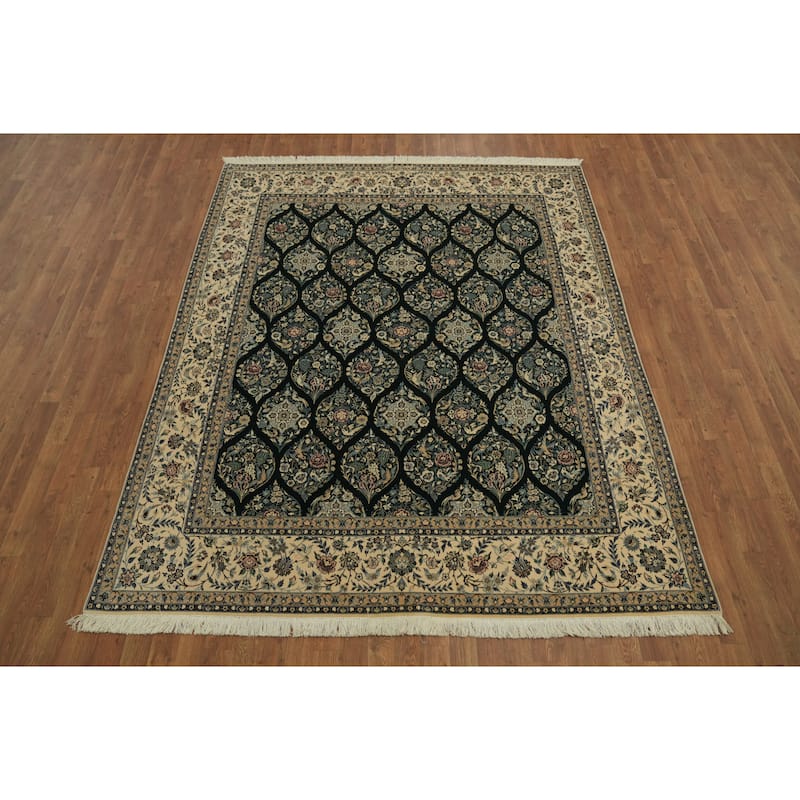 Hand Knotted Oriental Wool & Silk Carpet Traditional All-Over Navy Blue & Blues Nain Area Rug - 8' 3'' X 6' 7''