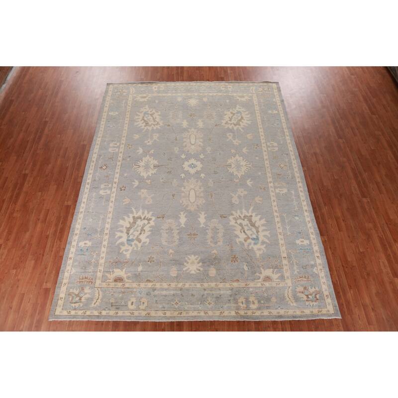 Hand Knotted Oriental 100% Wool Carpet Transitional All-Over Navy Blue & Blues Oushak Area Rug - 12' 2'' X 9' 3''
