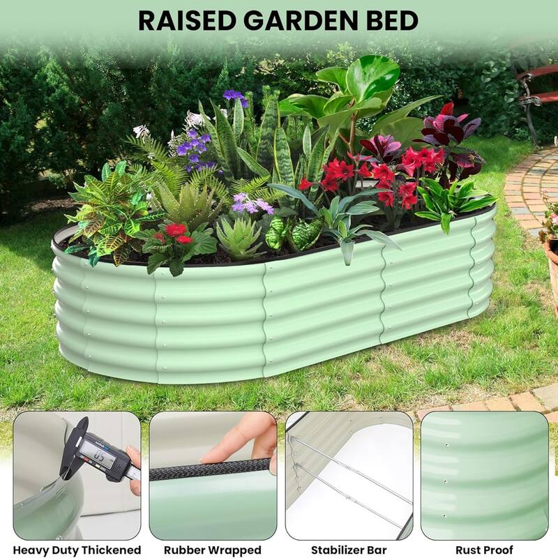 2-Pack Galvanized Steel Oval Raised Garden Beds (6*3*1.5FT) - Large Metal Planter Box with Open Base Off-White