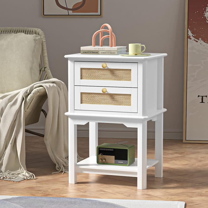 Modern 27.95"H Tall 2-Drawer White Nightstand Wood Rattan Side End Table for Bedroom with Storage Shelf