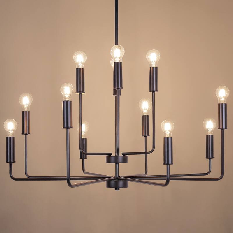 Modern 12-Light Black Chandelier Candle Large Light Fixture for Dining Room - 39.3 " L × 43.3 " H
