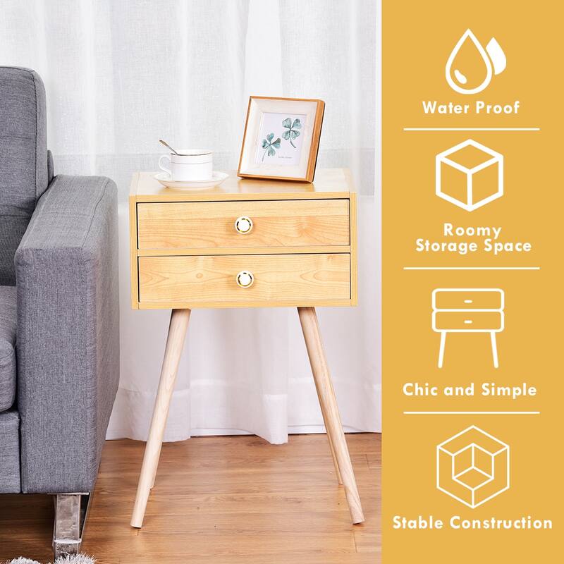 Costway Mid Century Modern 2 Drawers Nightstand In Natural Sofa Side
