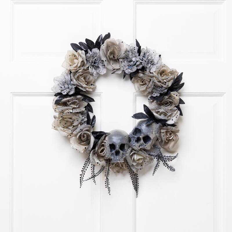Double Skull and Gray Roses Halloween Wreath- 16" - Unlit