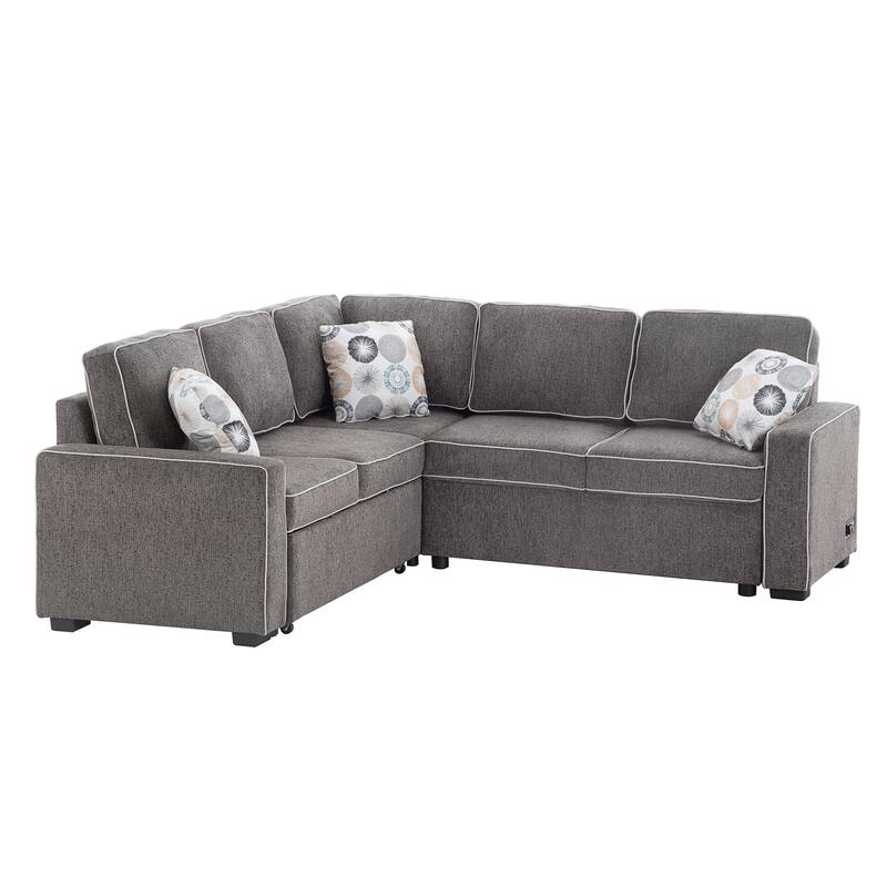 L-Shaped Pull Out Sofa Bed Modern Convertible Sleeper Sofa with 2 USB ports, 2 Power Sockets and 3 Pillows