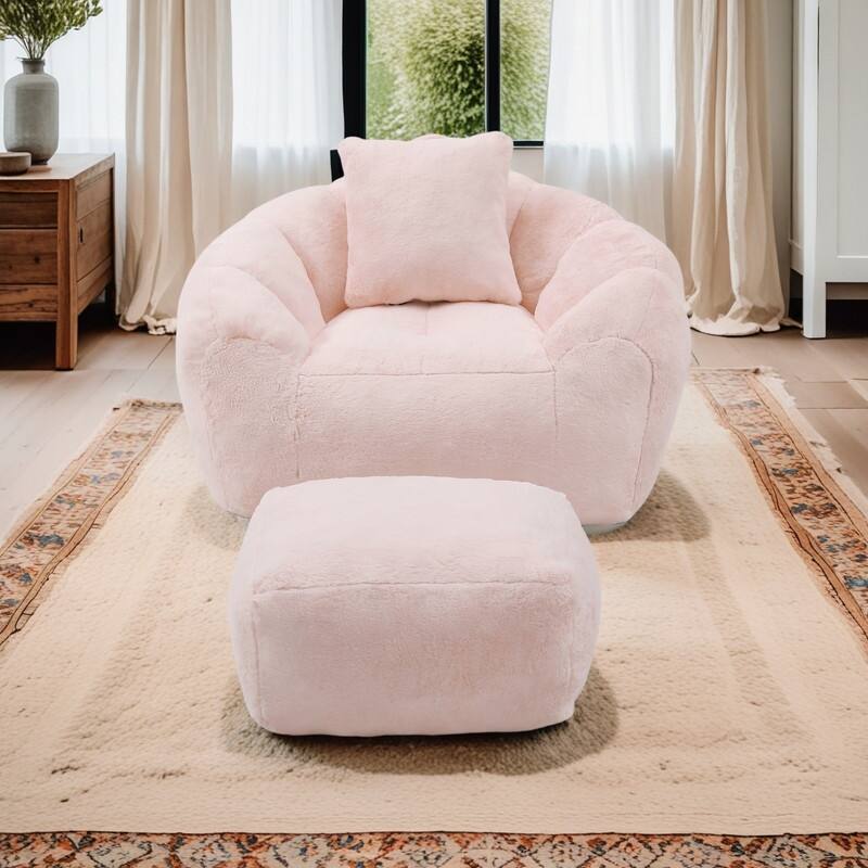 Faux Fur Shell Bean Bag Chair Sets with Footstool and High-Density Foam - Pink