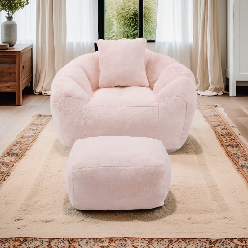 Faux Fur Shell Bean Bag Chair Sets with Footstool and High-Density Foam
