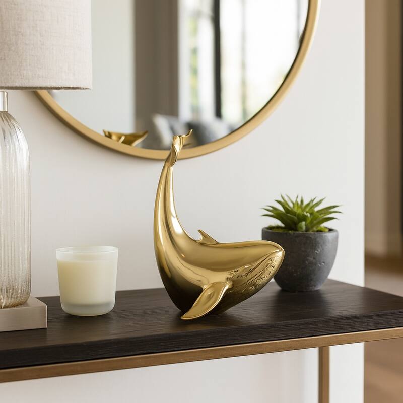 Metal Sculpture Whale Ocean-Inspired Decorative Figurine - 11" Gold - 8" x 7" x 11"