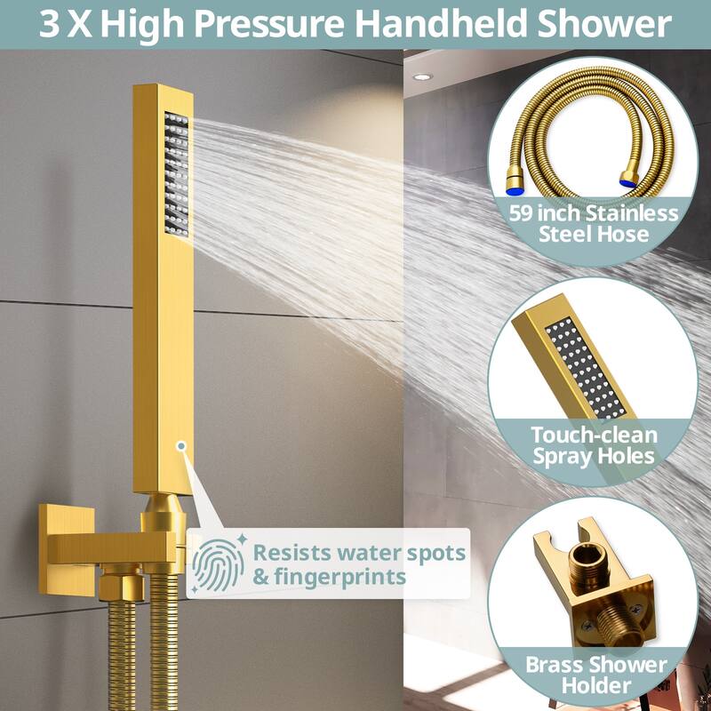 Dual Heads 12" Rainfall & High Pressure 6" Shower System w/ 3 Way Digital Display Faucet