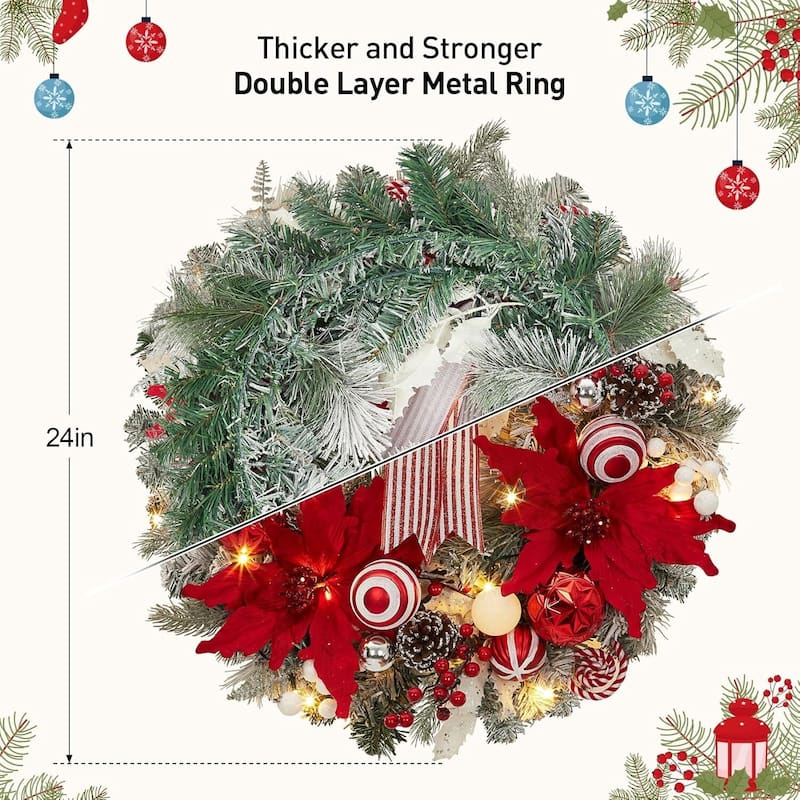 24 in Pre-Lit Christmas Wreath with Lights with Ball Ornaments Bows - N/A