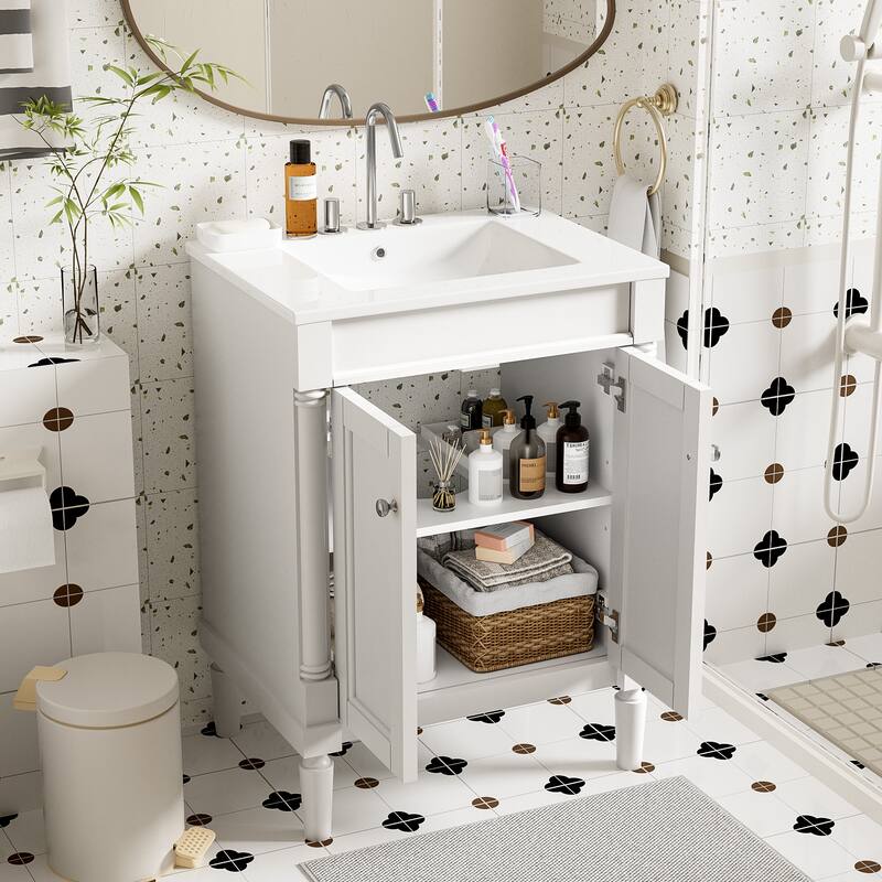 GDFStudio - Halston 2-Tier Modern Bathroom Storage Cabinet with Ceramic Sink and Large Storage Shelves - 24'W - White