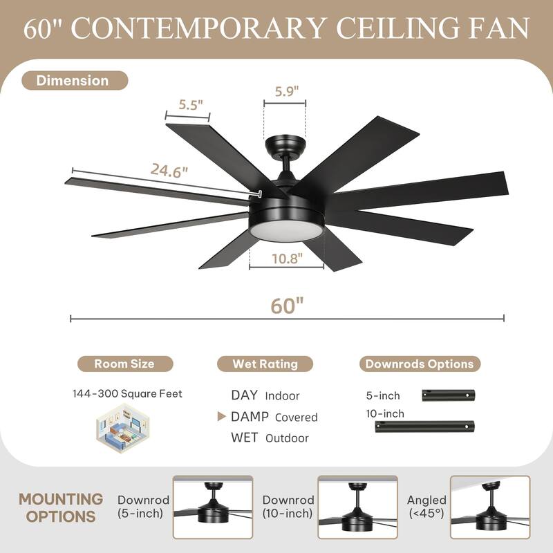 Moasis 60 Inch 8-Blades Smart Ceiling Fan with Lights and Remote/App Control