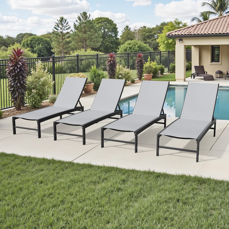 Outdoor All-Weather Patio Chaise Lounge Chairs Sun Lounger with Adjustable Backrest - Light Grey - 4PC