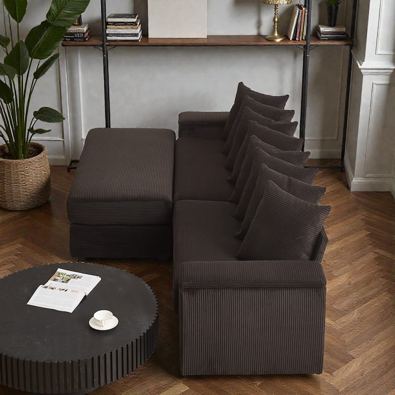 Oversized L Shaped Sectional Sofa with Chaise, Corduroy Upholstered Couch with Armrest Storage and Ottoman