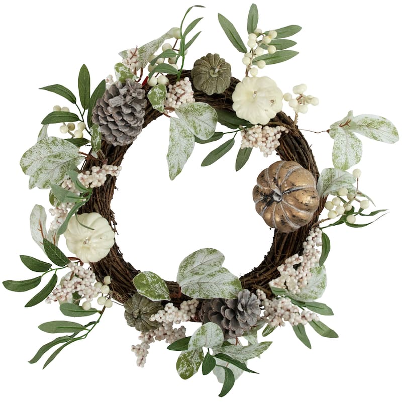 20" Pumpkin Berries Pinecones Artificial Fall Harvest Twig Wreath 20"