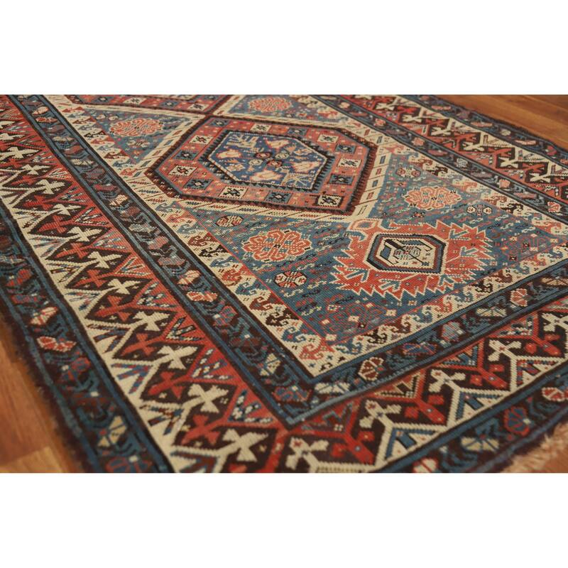 Hand Knotted Oriental 100% Wool Carpet Traditional Tribal Navy Blue & Blues Kazak Area Rug - 8' 6'' X 3' 8''