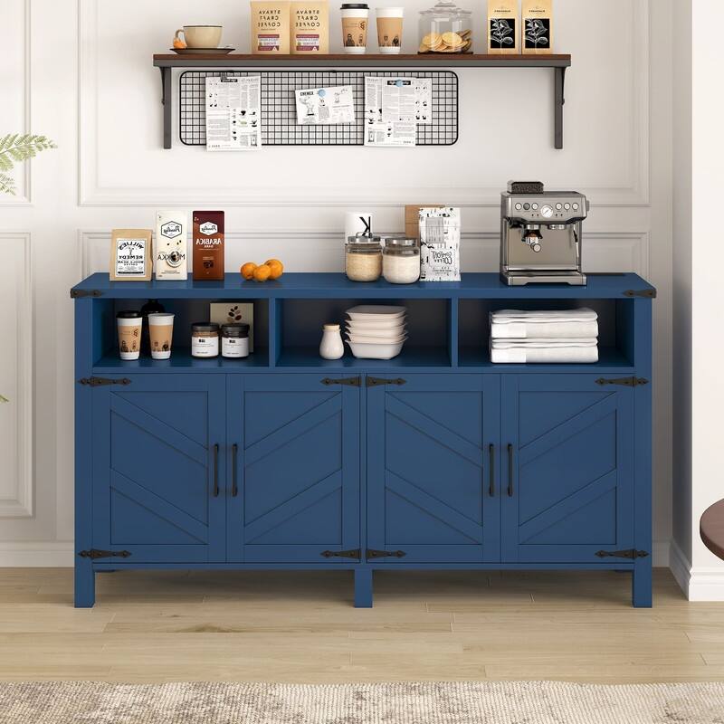 Modern 4-Door Sideboard Buffet with Power Outlets Adjustable Shelves and Half-Open Storage Design