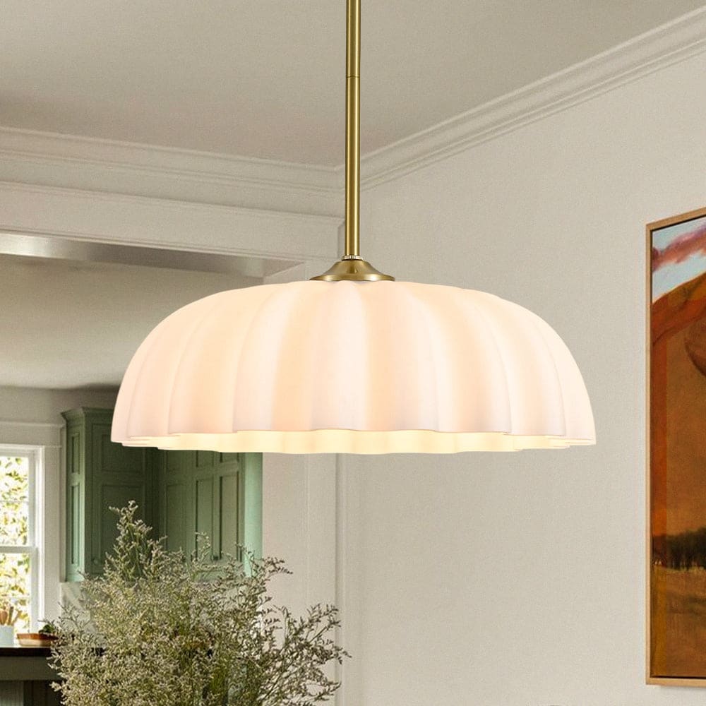 Modern 1-Light Glass Pendant Frosted White Shell Scalloped Shade Dining Kitchen - 15.7 in