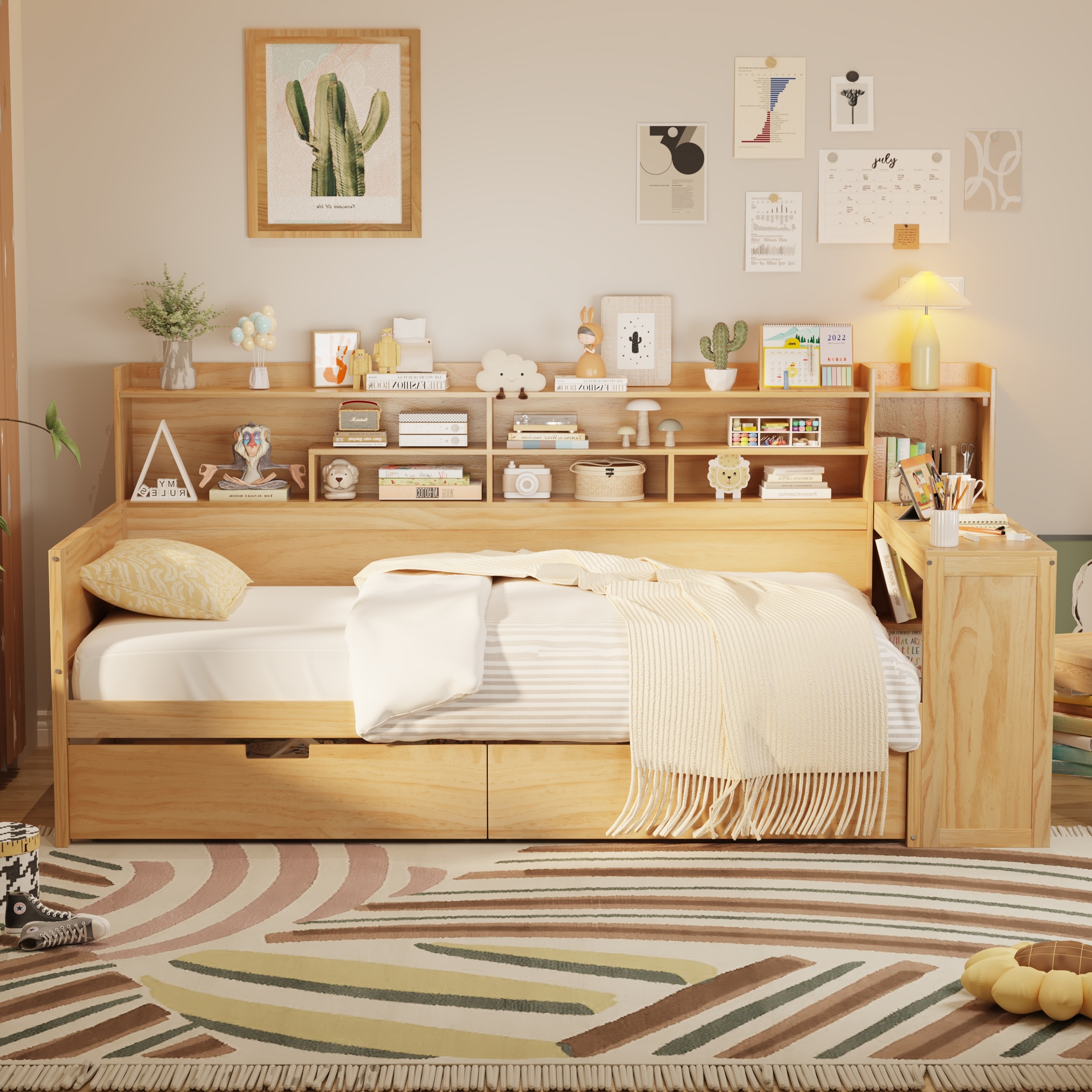 Wooden Twin Size Daybed with Storage Shelves & Drawers