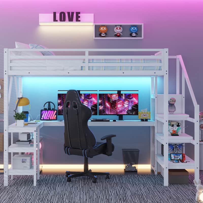 Metal Full Loft Bed with Wardrobe and LED Light, Full Size Loft Bed with L Shaped Desk and USB for Kids Teens Adults