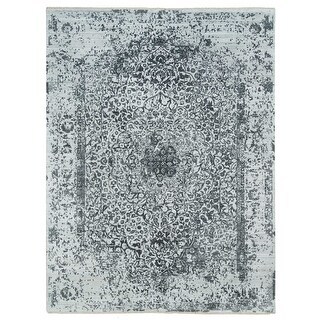 Shahbanu Rugs Ice Gray and Black Coral Broken and Erased Persian Design ...