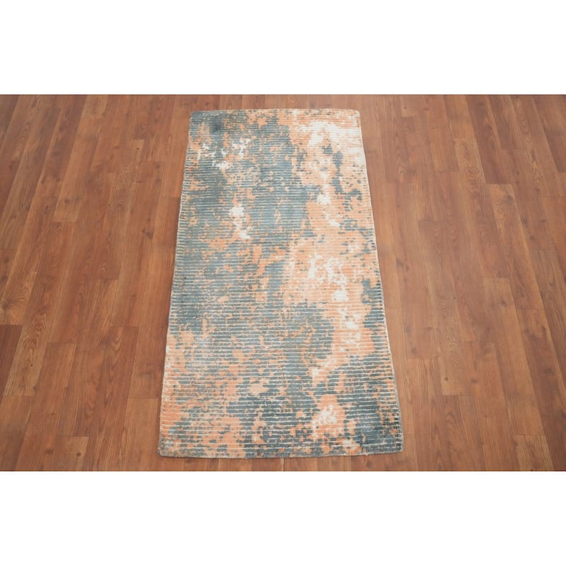 Hand Knotted Oriental Viscose Silk Carpet Modern All-Over Navy Blue & Blues Abstract Area Rug - 4' 0'' X 2' 0''