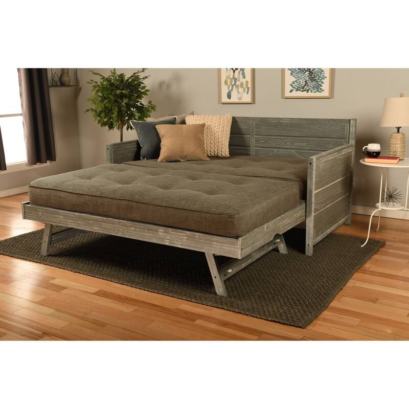 Somette Marisa Daybed with Pop Up Trundle in Weathered Gray with Mattresses - Linen Stone