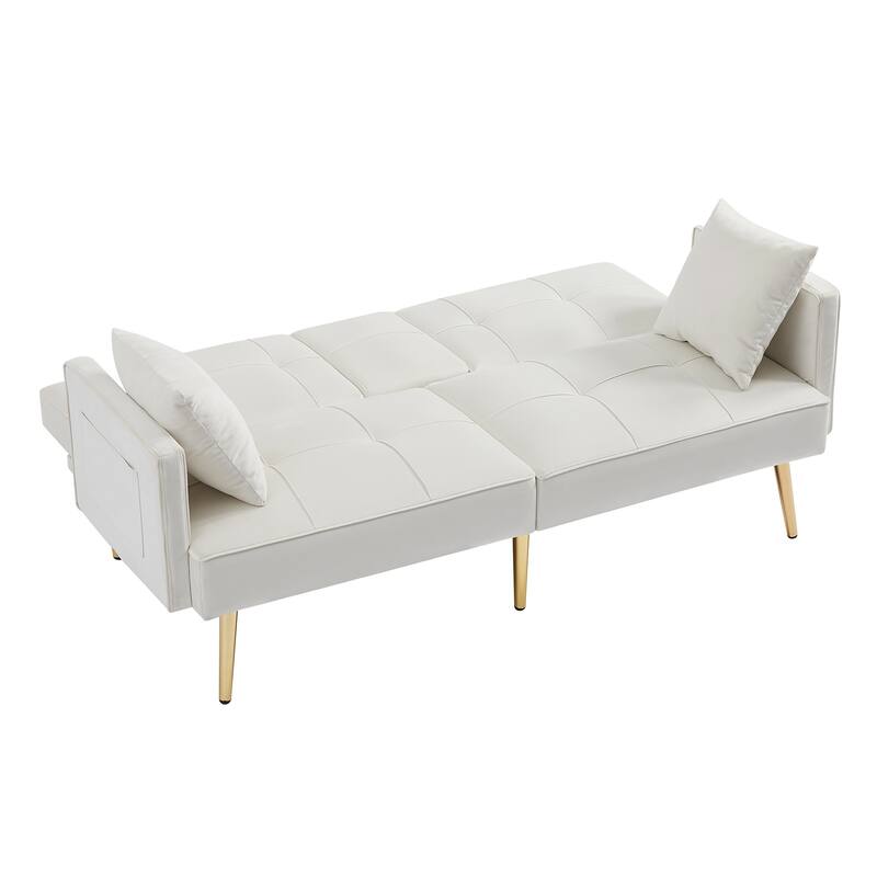 Convertible Futon Sofa Bed Loveseat with Cup Holders & 2 Pillows & Side Pockets, Modern Velvet