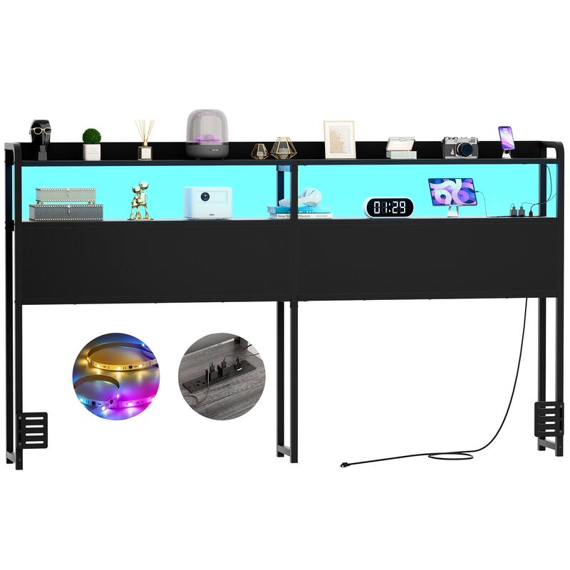 Headboard with Storage Drawers and LED Light, Head Board with Outlets, USB Ports