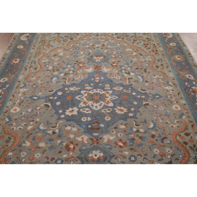 Distressed Tabriz Persian Vintage Area Rug Handmade Grey Wool Carpet - 6'8" x 9'8"
