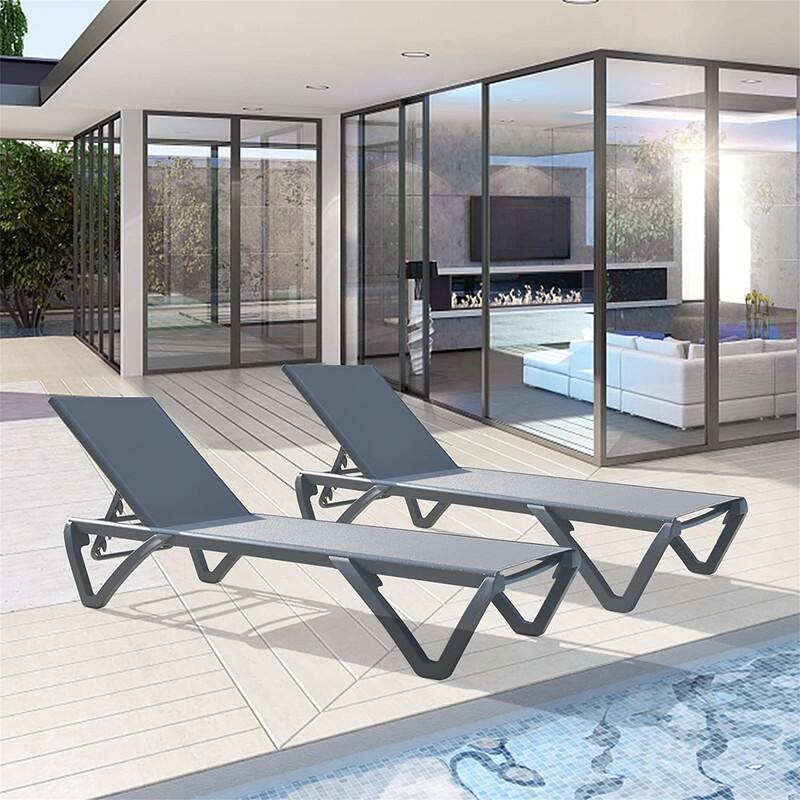 2Pcs Outdoor Aluminum Chaise Lounge with Adjustable Backrest - Grey