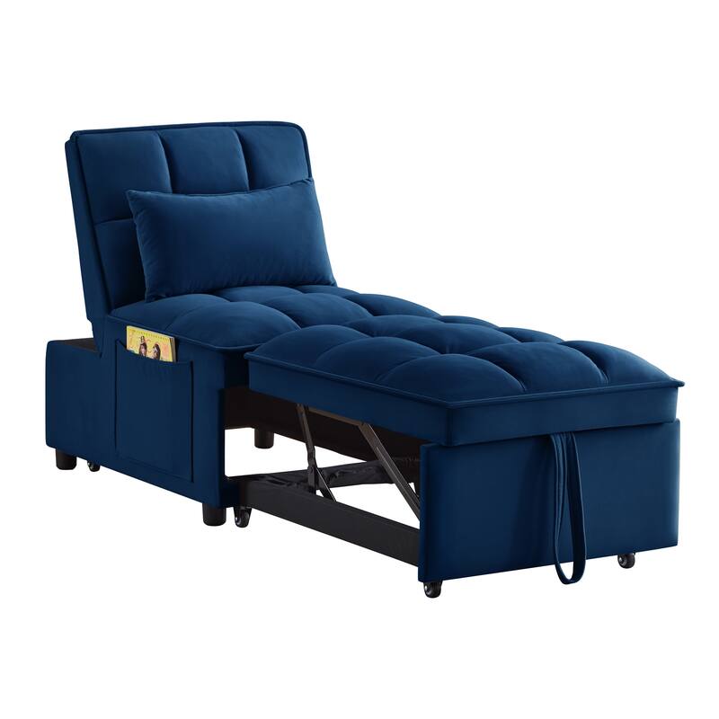 Velvet Multi-Function Chair Bed with Adjustable Backrest, Storage Pockets and Convertible Chaise Design