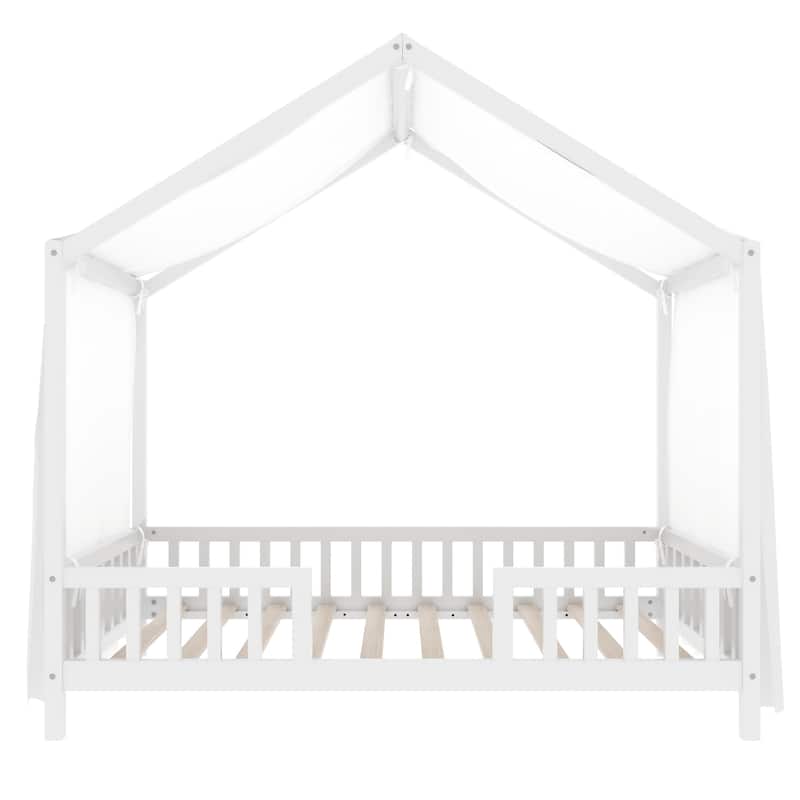 House-Shaped Twin Bed with Canopy and Railings for Kids, Montessori Floor Bed, White