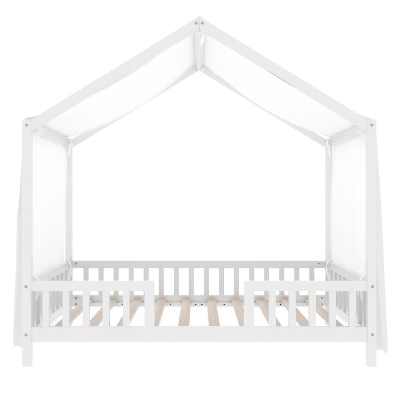 Montessori Bed, House-shape Frame Platform Bed for Kids Toddler, Wood House Daybed with High Railings and Roof, Canopy Bed Frame
