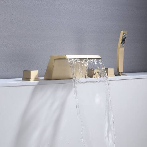 Waterfall Tub Filler Bathtub Faucet brushed gold 5-Hole 3-Handle Solid Brass Bathroom Bath Tub Faucets - 9'6" x 13'6"