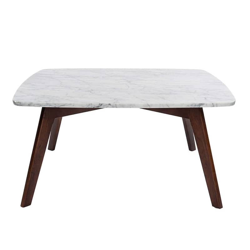 Vezzana 31" Square Italian Carrara White Marble Coffee Table with Walnut Legs