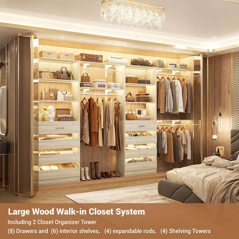 Set of 2 Closet System with Wooden Drawers and Hanging Rods, Closet Organizer with Adjustable Storage Shelves