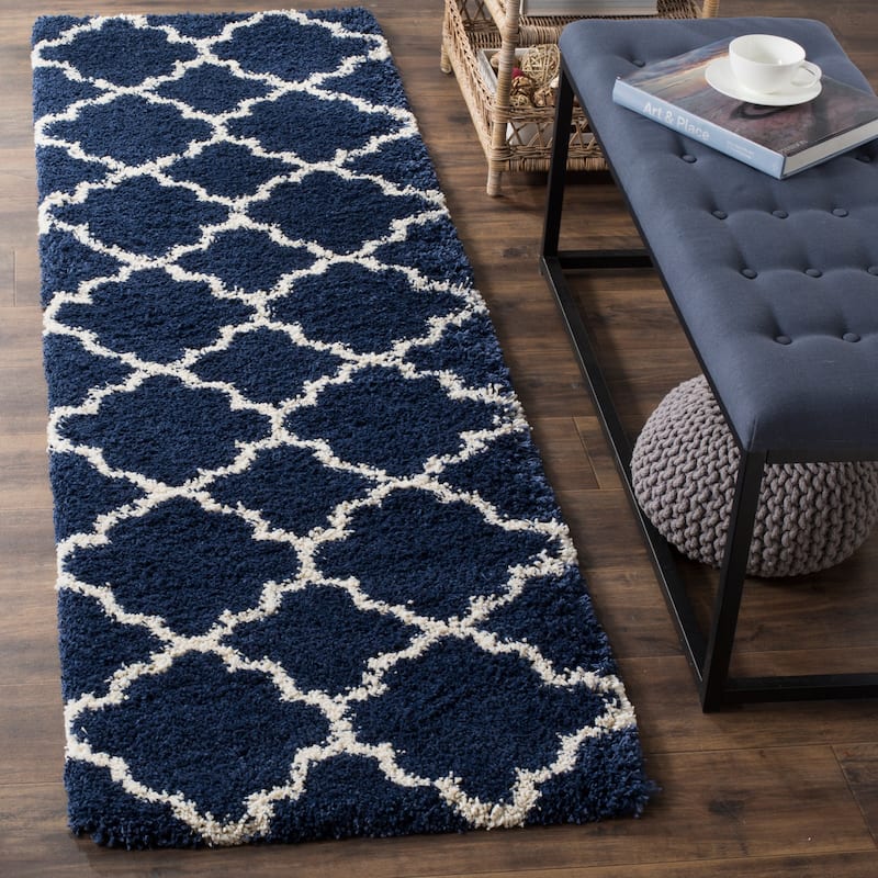 SAFAVIEH Hudson Shag Jeryl Glam Trellis 2-inch Area Rug - 2'3" x 16' Runner - Navy/Ivory