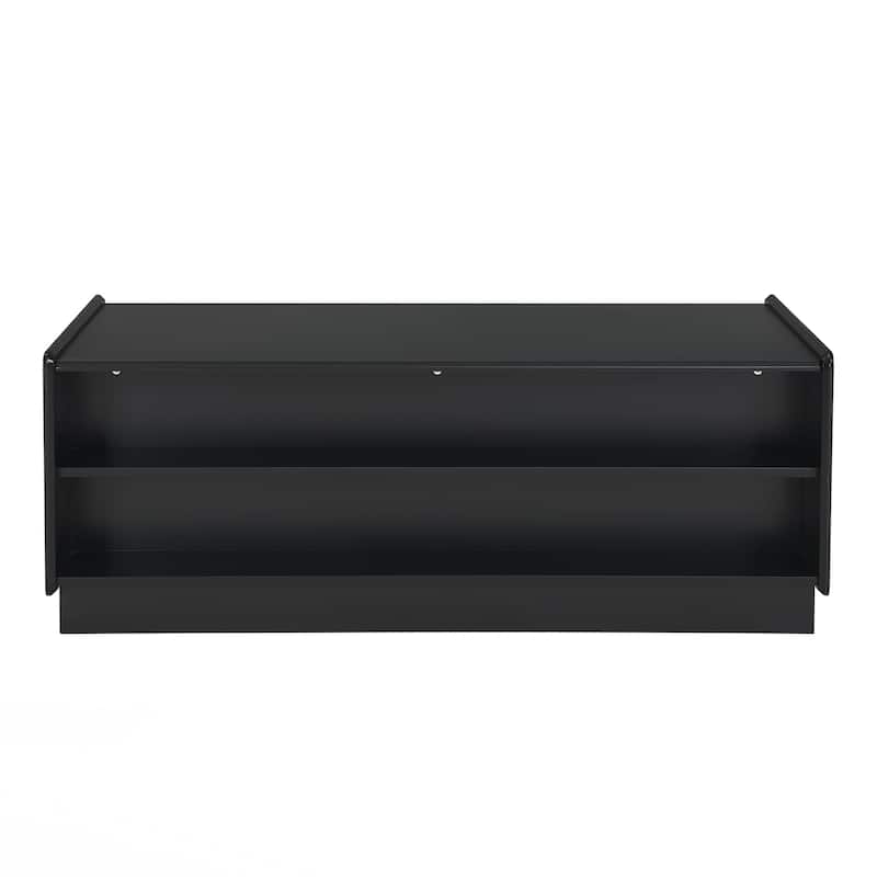 Modern Rectangle Coffee Table with 4 Drawers and 2 Display Shelves, 47.2" Wood Coffee Table with Fluted Style, Tempered Glass