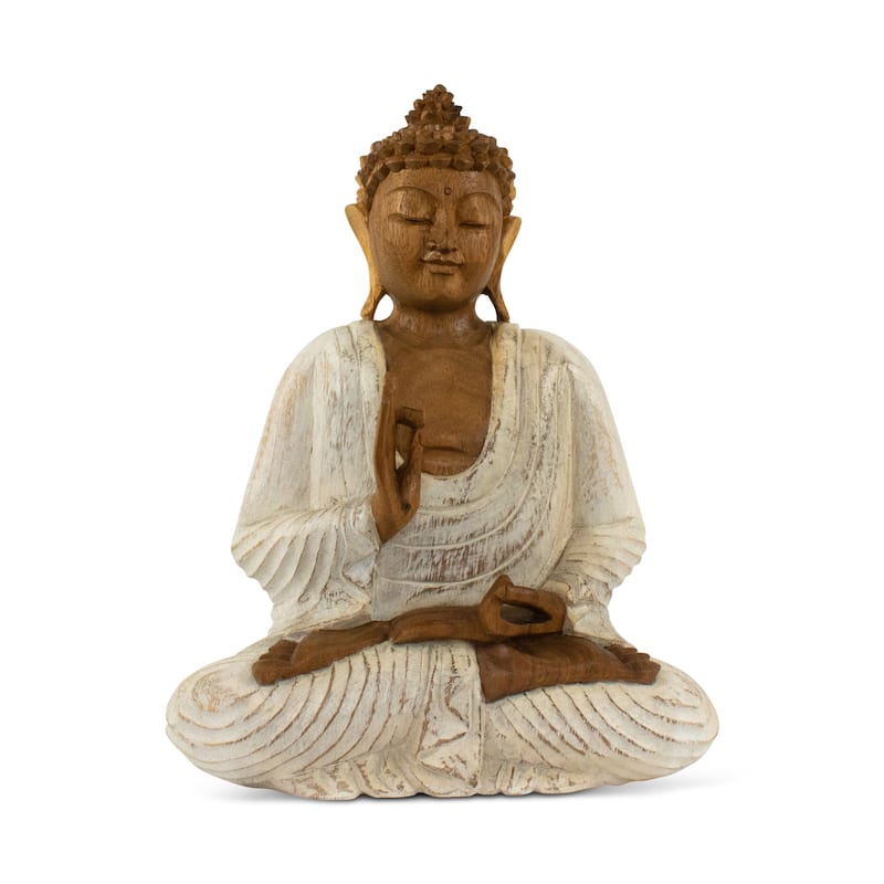 Wood Buddha Statue Hand Carved Whitewashed Vitarka Mudra Sculpture, Zen Home Decor - 8" tall x 6.5" wide x 3.5" deep