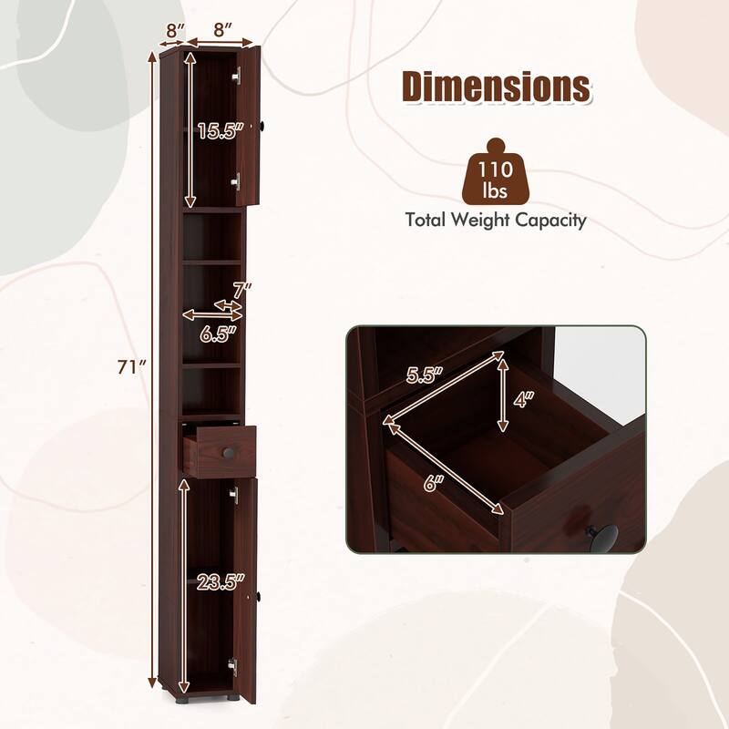 Gymax Tall Slim Bathroom Storage Cabinet Linen Tower w/Drawer