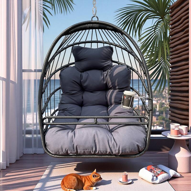 Rattan Metal Hanging Egg Chair with UV-Resistant Cushion, 350lb Capacity,and Foldable Frame for Indoor/Outdoor Use