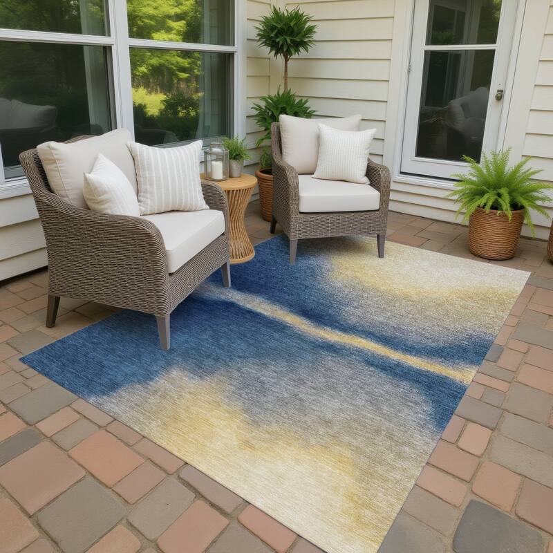 Machine Washable Indoor/ Outdoor Modern Landscape Chantille Rug - Navy - 8' x 10'