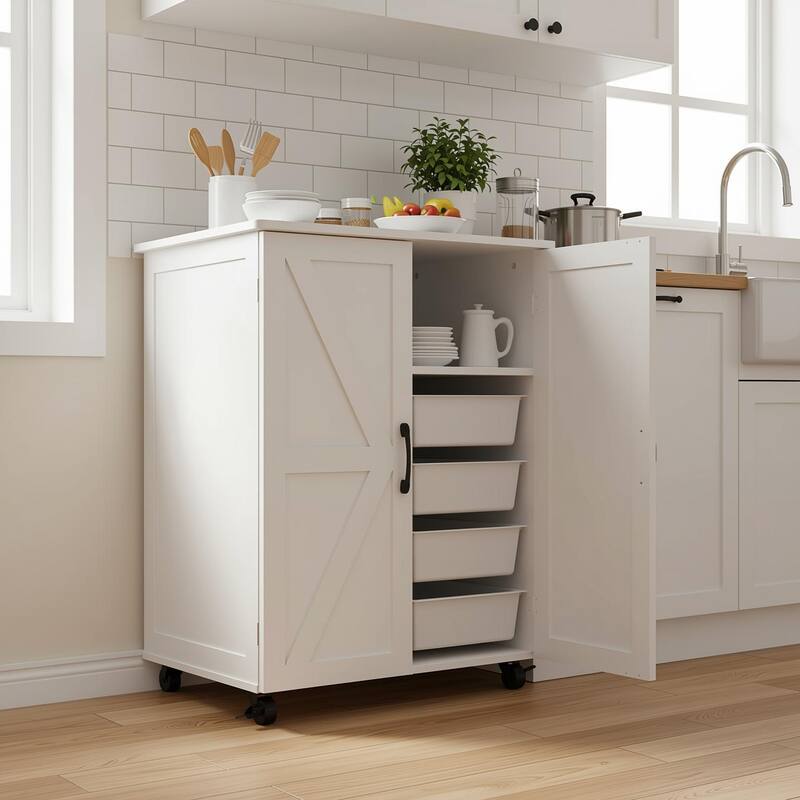 Homy Casa Kitchen Pantry Cabinet Barn Doors Wheels, White Storage