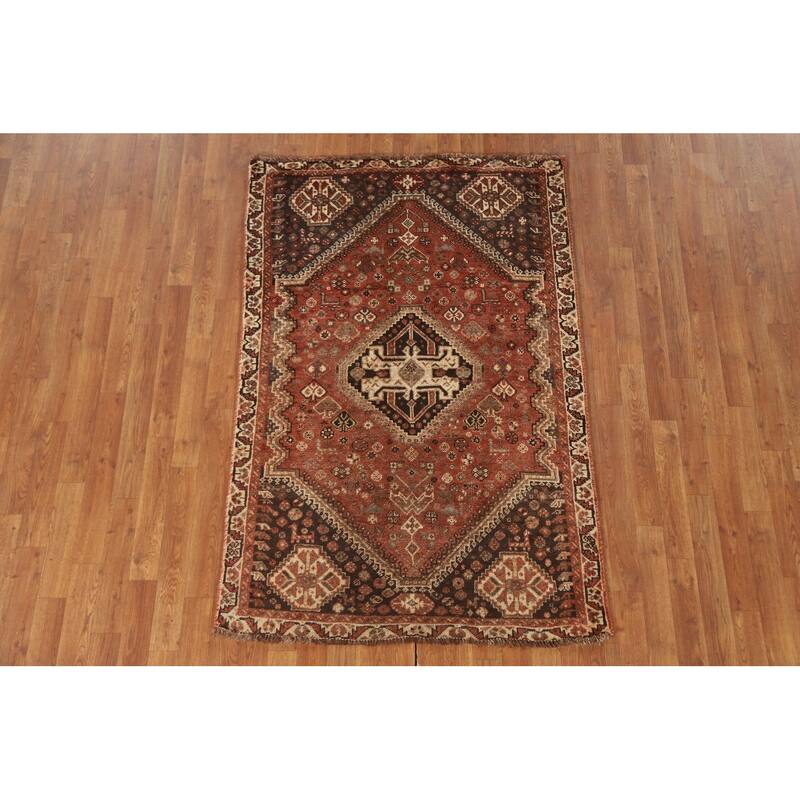 Tribal Qashqai Persian Vintage Area Rug Handmade Orange Wool Carpet - 3'8"x 5'7"