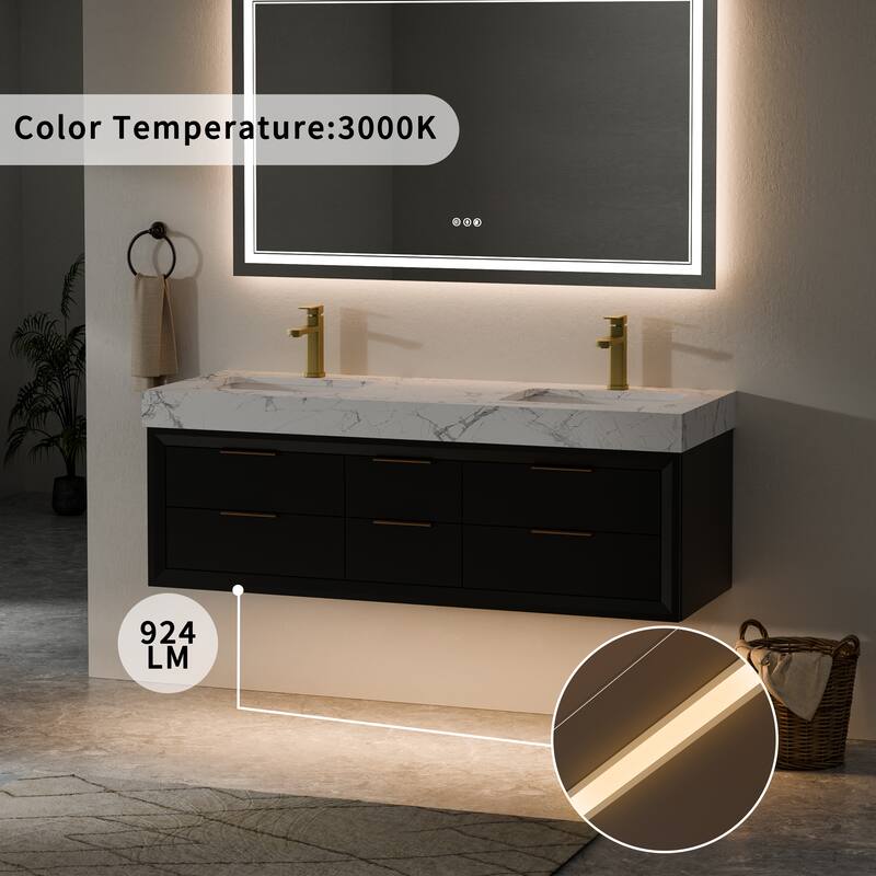 60" Wall-Mount Double Vanity with LED Light. - 60 inch