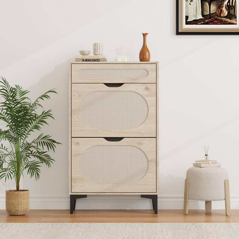 Shoe Cabinet, Rattan Shoe Storage With 2 Flip Drawer and 1 Pull-Out Drawer, Heavy Duty Metal Leg
