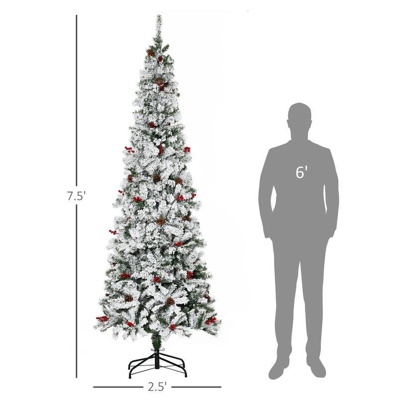 7.5' Pencil Christmas Tree, Snow-Flocked with Pine Cones & Red Berries, Unlit Artificial Tree for Holiday Décor